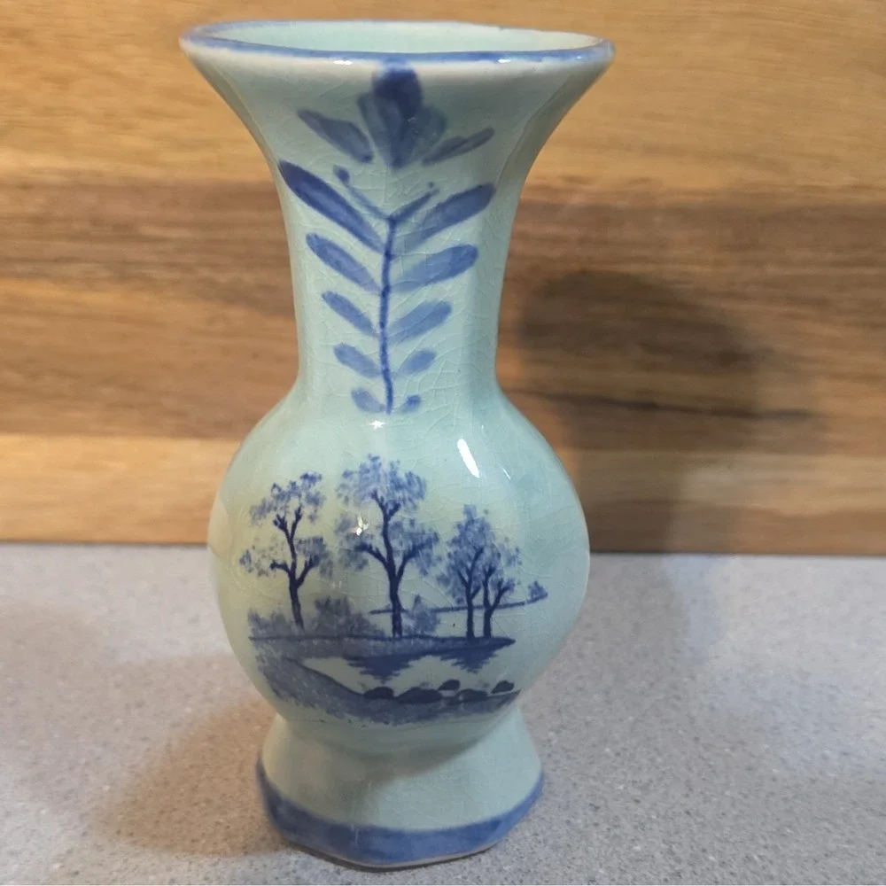 Blue & Light Blue Ceramic Vase, Japan, Scenic Windmill Landscape Design